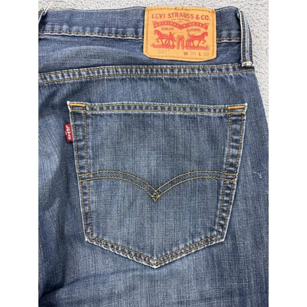 Levis 527 Jeans Men 36x32 Blue Slim Boot Distressed Whisker Denim Cowboy Western
